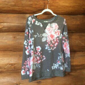 Egs Gray Pink & White Floral Long Sleeve USA Made Boho Pullover Size Medium